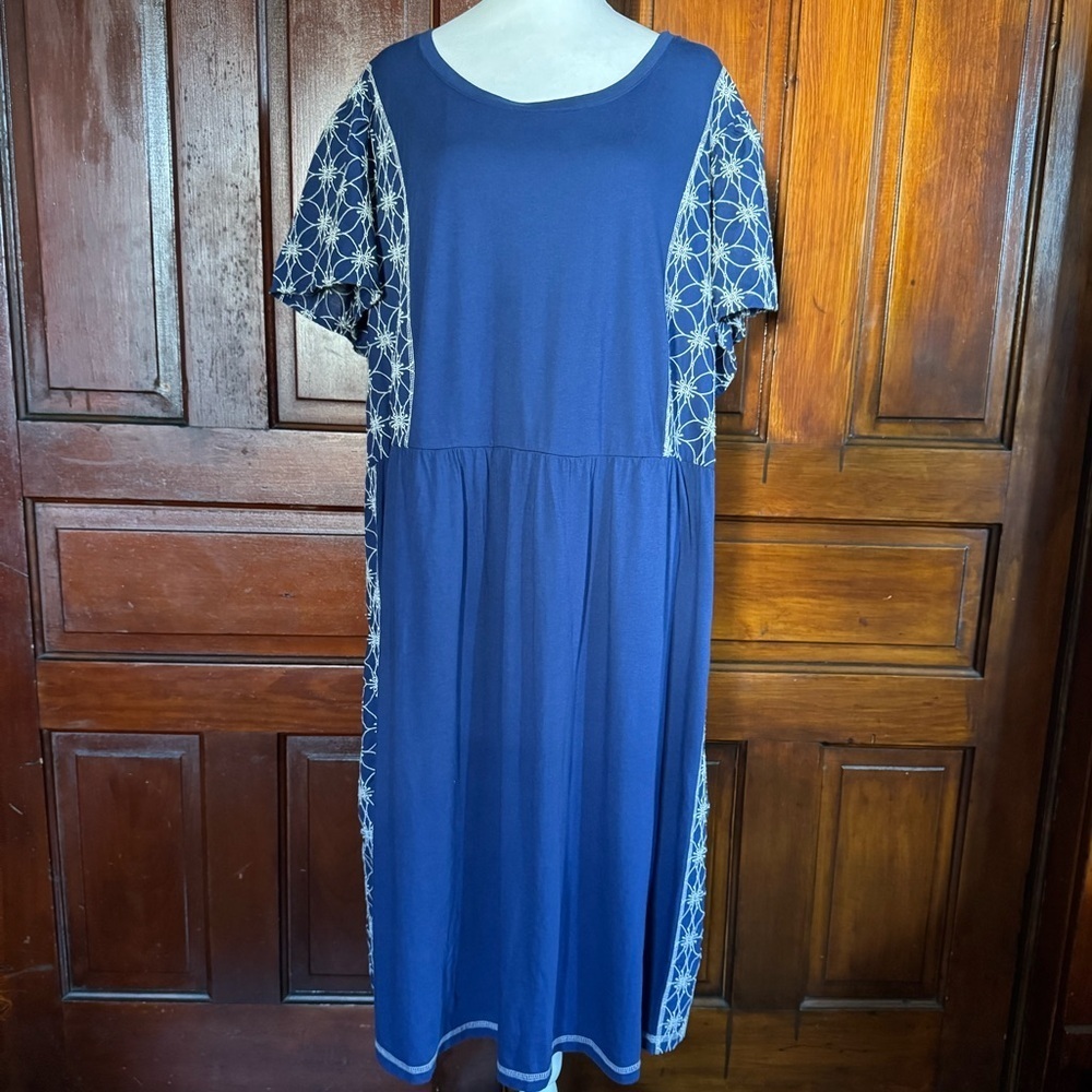 LOGO by Lori Goldstein Blue Eyelet Dress Size 3X Petite Cotton/Modal Blend